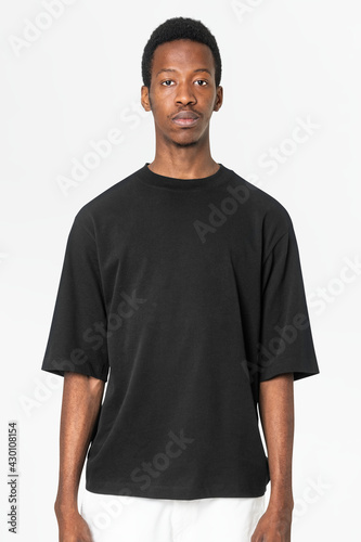 Black t-shirt with design space men's casual apparel rear view