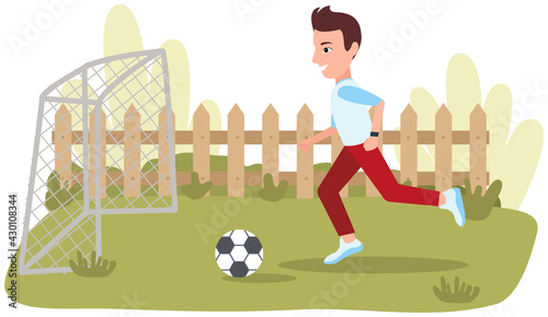 Guy plays football on street. Athlete kicks ball and scores goal. Male character running after ball during game. Man strikes at goal to win. Footballer is engaged in sports, outdoor activities