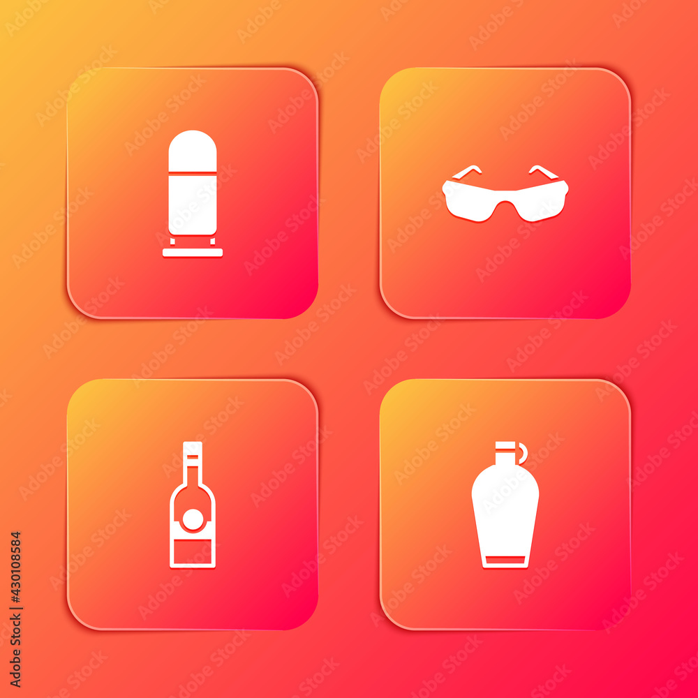 Set Bullet, Glasses, Bottle of vodka and Canteen water bottle icon. Vector Set Bullet, Glasses, Bottle of vodka and Canteen water bottle icon. Vector