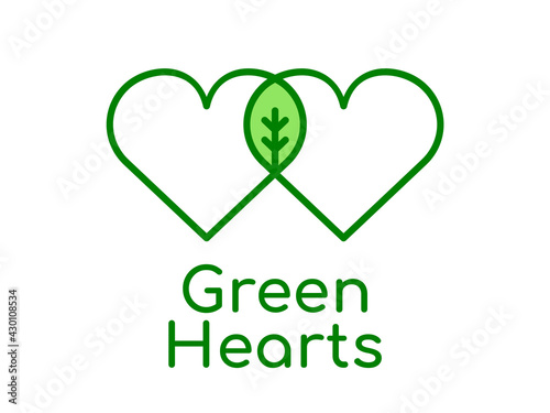 Green hearts forming a tree or a leaf. Intertwined heart symbol. Love nature icon. Sustainable resources. Ecological concept. Biodegradable sign. Ecosystem concept. Vector illustration, flat, clip art