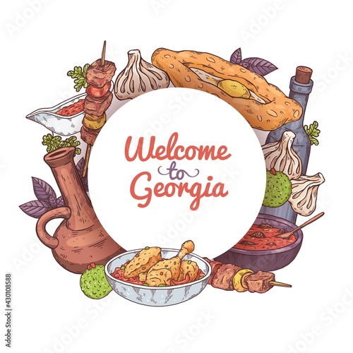 Cover for menu traditional georgian cuisine a colorful sketch vector illustration