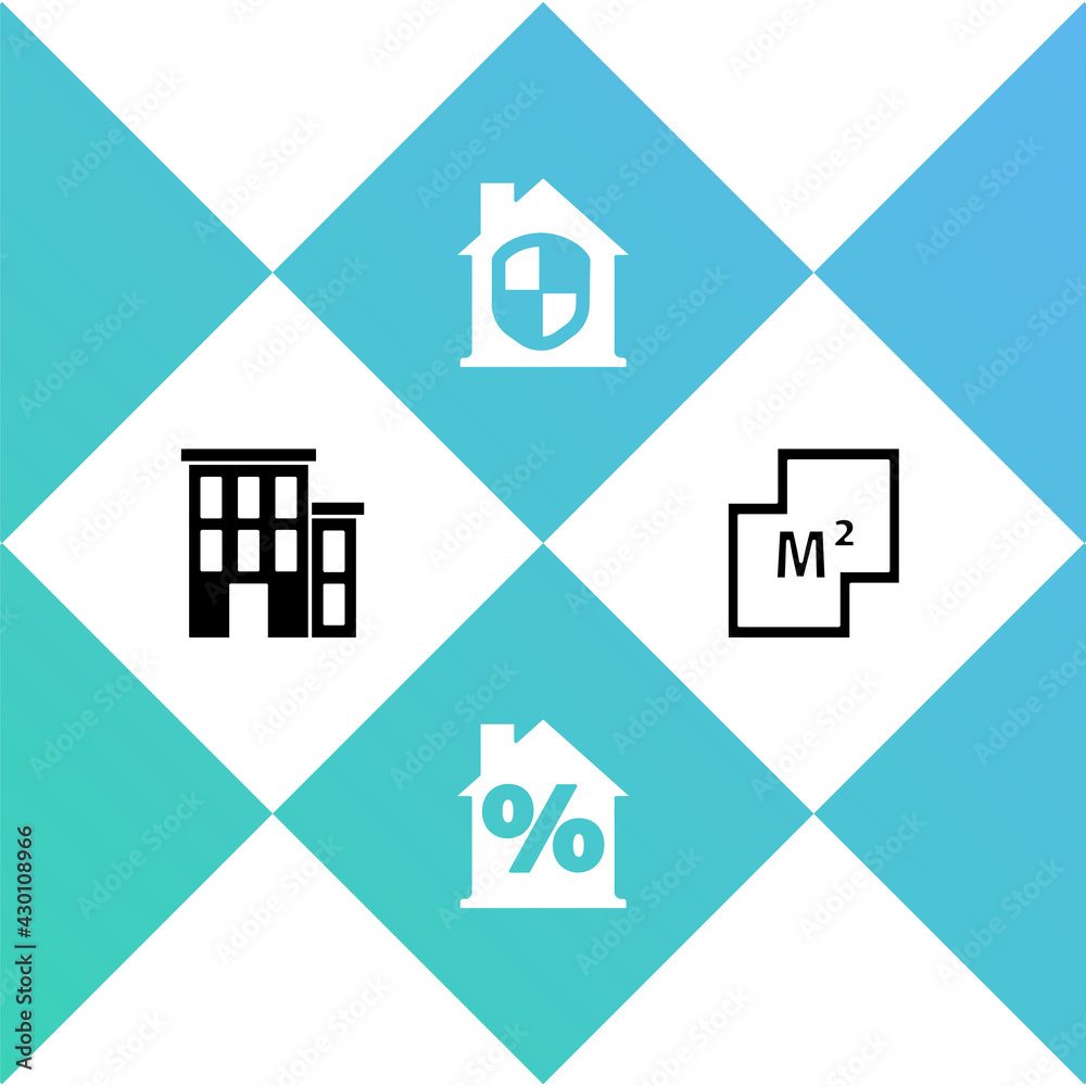 Set House, with percant discount, under protection and plan icon. Vector