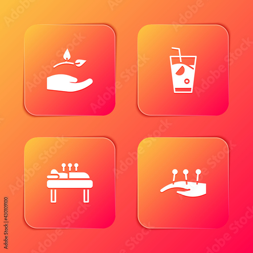 Set Leaf in hand, Fresh smoothie, Acupuncture therapy and icon. Vector