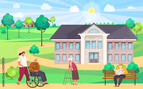 Nursing home. Girl pushes wheelchair couple walking and talking outdoor in park. Disabled man on walk. An elderly woman walks leans on walker. Gray-haired man sitting on bench reading newspaper