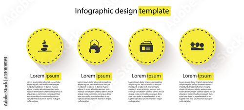 Set Stack hot stones, Teapot with cup, Ointment cream tube and Vacuum cans. Business infographic template. Vector