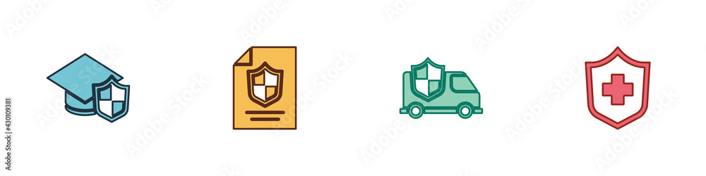 Set Graduation cap with shield, Contract, Car and Health insurance icon. Vector Set Graduation cap with shield, Contract, Car and Health insurance icon. Vector