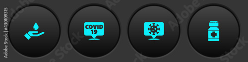 Set Washing hands with soap, Corona virus on location, and Medicine bottle pills icon. Vector
