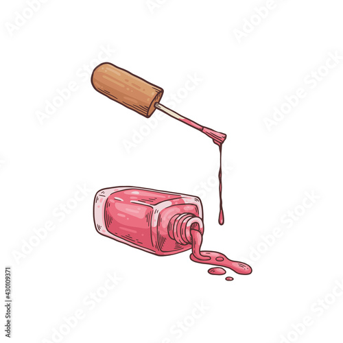 Pink nail polish bottle with dripping lacquer, fashion sketch