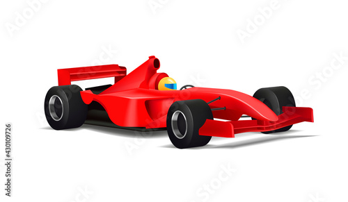 Realistic illustration of red sport bolide car with driver in yellow helmet and with black tyres  3d detailed graphic