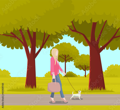 Business woman with small white dog is walking on street. Female character stylish girl spends time outdoors with her pet. Owner walks with cheerful puppy on leash in city park wih green trees