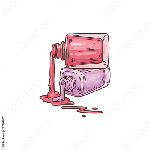 Nail polish jars with spilling over lacquer sketch vector illustration isolated.