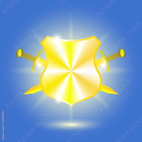 Blue poster. Golden shield and crossed swords with bright highlights and rays