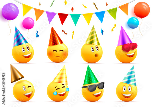 Birthday graphic elements set eith yellow smiling faces in cone hats with happy expressions and round ballons and festive flags with confetti