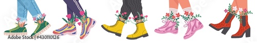 Set of legs with trendy shoes and boots with flowers and plants. Vector flat illustration isolated on white background