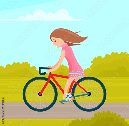 Girl riding in park. Woman rides bicycle on park road. Female character doing sports outdoors. Sportsgirl cycling leads healthy lifestyle. Person spends time in town with modern buildings, skyscrapers