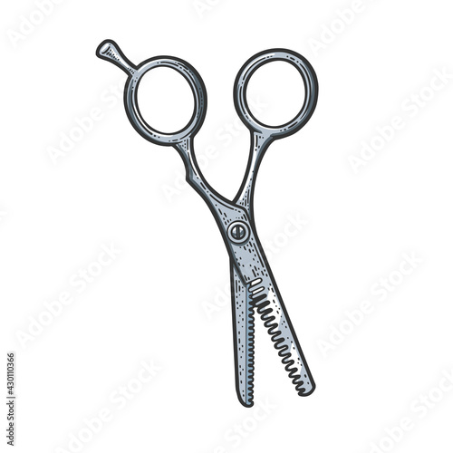 Hair cutting shears barber scissors color sketch engraving vector illustration. T-shirt apparel print design. Scratch board imitation. Black and white hand drawn image.