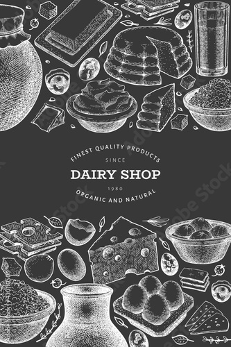 Farm food design template. Hand drawn vector dairy illustration on chalk board. Engraved style different milk products and eggs banner. Retro food background.