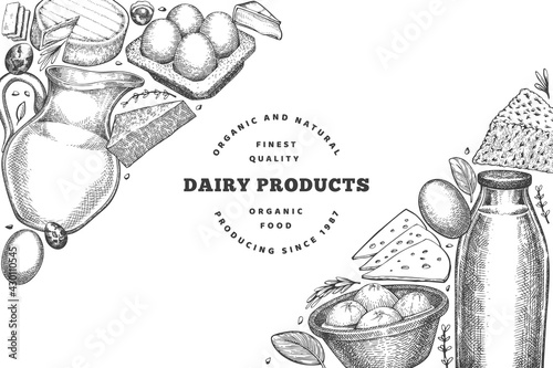 Farm food design template. Hand drawn vector dairy illustration. Engraved style different milk products and eggs banner. Retro food background.