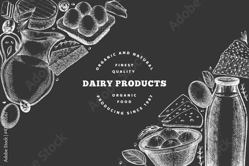 Farm food design template. Hand drawn vector dairy illustration on chalk board. Engraved style different milk products and eggs banner. Retro food background.
