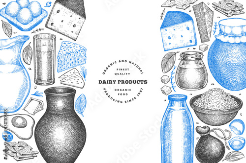 Farm food design template. Hand drawn vector dairy illustration. Engraved style different milk products and eggs banner. Retro food background.