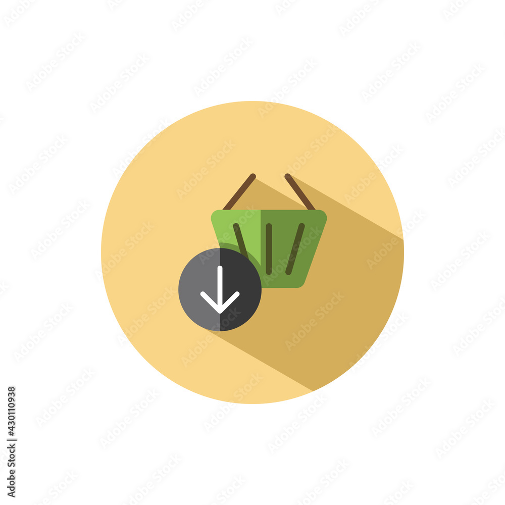 Shopping basket. Down arrow. Flat icon in a circle. Commerce vector illustration