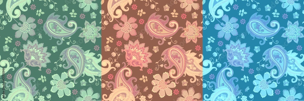 Fototapeta Tapestry collection. Three vintage seamless patterns with paisley, leaves and fantasy flowers in ethnic style. Indian, persian, russian motifs.
