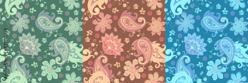 Tapestry collection. Three vintage seamless patterns with paisley, leaves and fantasy flowers in ethnic style. Indian, persian, russian motifs.