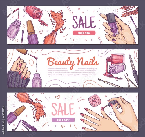 Nail manicurist bar or salon flyers set in hand drawn style vector illustration.