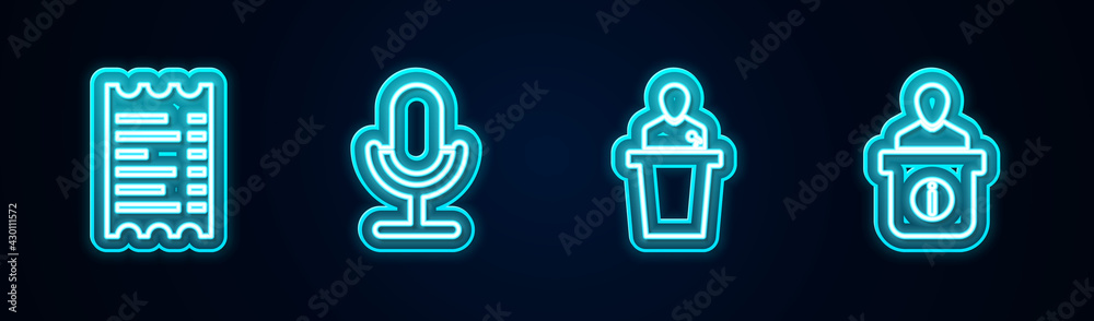 Set line Paper or financial check, Microphone, Speaker and Information desk. Glowing neon icon. Vector Set line Paper or financial check, Microphone, Speaker and Information desk. Glowing neon icon. Vector