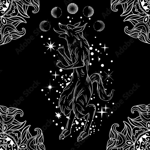 Hand drawn illustration of a werewolf and moon phases. Gothic tattoo art style.