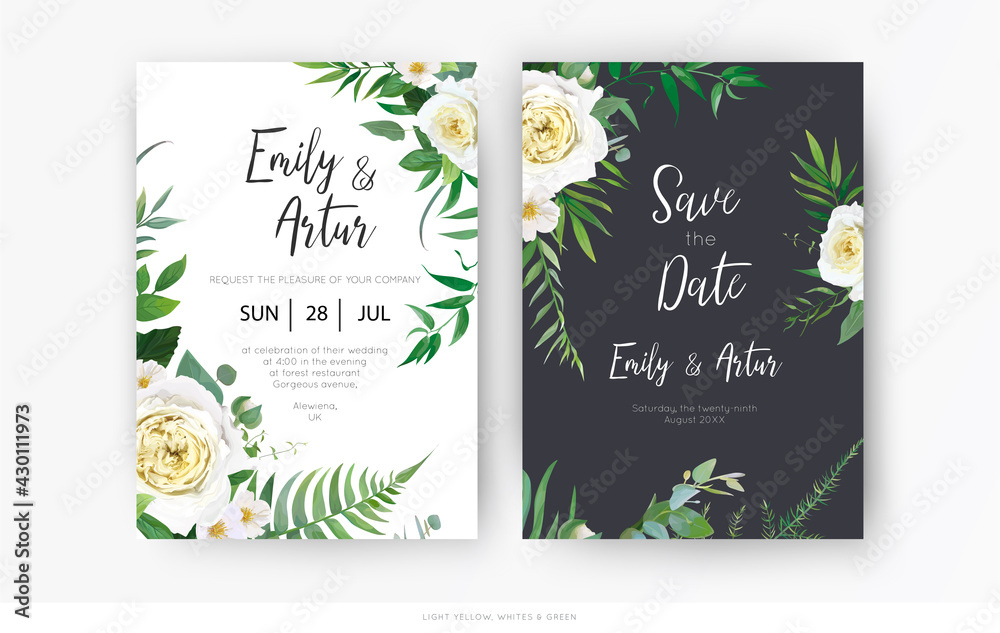 Vector, botanical, floral wedding invite, save the date card template set. Yellow, white rose, camellia flower, greenery eucalyptus, green forest fern leaves, herbs watercolor  illustration decoration
