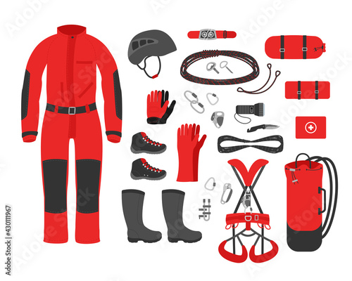 Caving equipment kit clothes. speleological accessory vector illustration