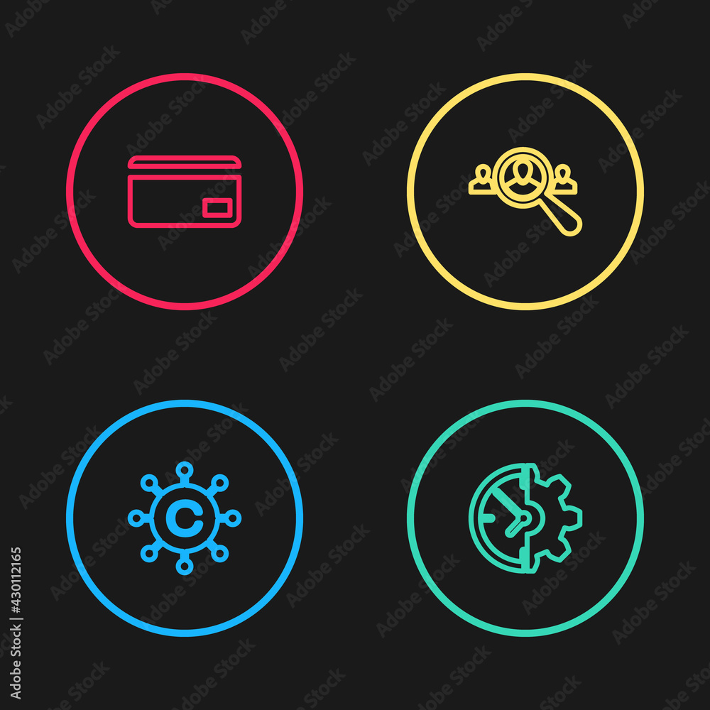 Set line Copywriting network, Clock and gear, Magnifying glass for search people and Credit card icon. Vector Set line Copywriting network, Clock and gear, Magnifying glass for search people and Credit card icon. Vector