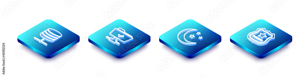 Set Isometric line Server, Data, Web Hosting, FTP operation successful, Moon and stars and Police badge icon. Vector Set Isometric line Server, Data, Web Hosting, FTP operation successful, Moon and stars and Police badge icon. Vector