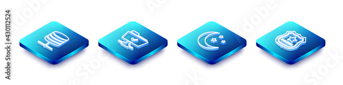 Set Isometric line Server, Data, Web Hosting, FTP operation successful, Moon and stars and Police badge icon. Vector