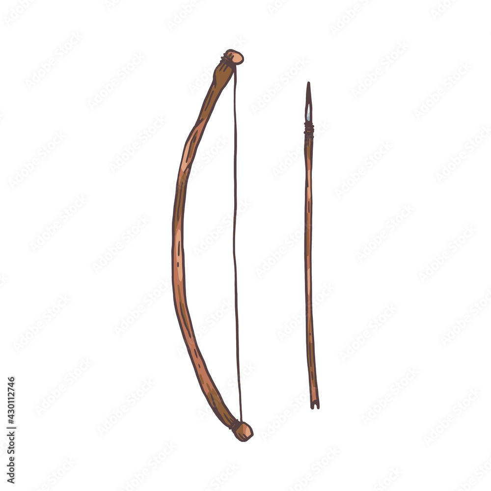 Bow and arrow, primitive weapon drawing isolated on white background Bow and arrow, primitive weapon drawing isolated on white background