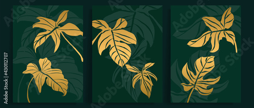 Contemporary botanical prints wall art. Golden palm and tropical leaves background vector. Canvas frame design for prints , wallpaper, cover, banner and home decor.