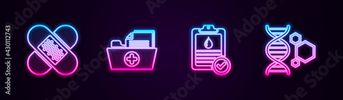 Set line Crossed bandage plaster, Health record folder, Clipboard with blood test and Genetic engineering. Glowing neon icon. Vector
