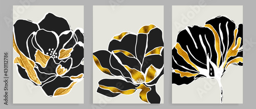 Contemporary botanical prints wall art. Golden flower background vector. Canvas frame design for prints , wallpaper, cover, banner and home decor.