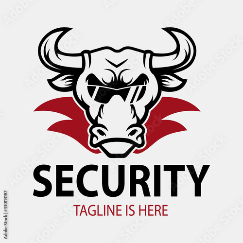 Bodyguard or safeguard logo concept with bull in sunglasses. Security company icon. Wild protection concept.