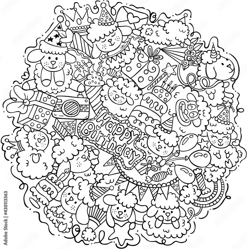 Coloring Page of Sheep Happy Birthday Round Doodle