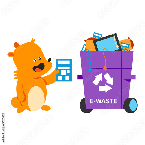 Cute hamster sorts the e-waste vector cartoon character isolated on a white background.