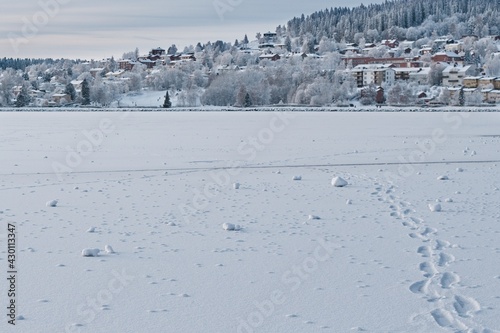 Winter view of Frösön Island and the frozen Storsjön Lake in Östersund