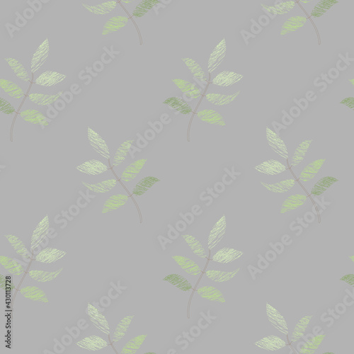Delicate spring, summer seamless pattern with green textural twigs on a grey background. Vector design in a simple style. For wallpaper, paper, wrapping, cover, fabrics, curtains, bedding, clothing