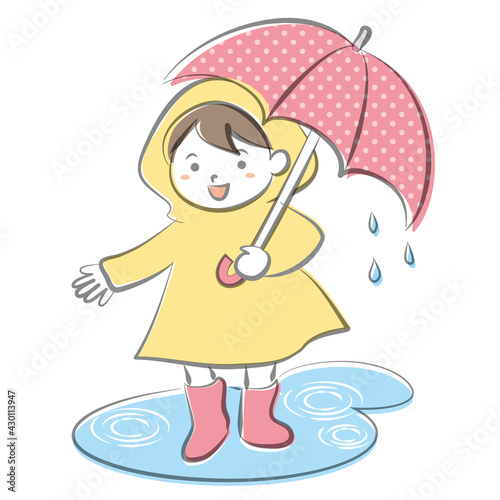 手描き水彩風の雨の中レインコートを着て傘をさす女の子のイラスト/白背景