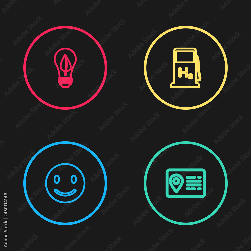 Set line Smile face, Address book, Hydrogen filling station and Light bulb with leaf icon. Vector Set line Smile face, Address book, Hydrogen filling station and Light bulb with leaf icon. Vector