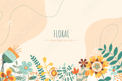 Colorful spring background.Greeting card design template.Border of  flowers decoration element.Spring season horizontal banner.Modern vector illustration for invitation, cover,banner,wallpaper,poster