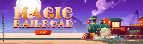 Magic railroad website with steam train in wild west. Children train in amusement park or festival. Vector landing page with cartoon desert landscape with locomotive, rails and cactuses at night