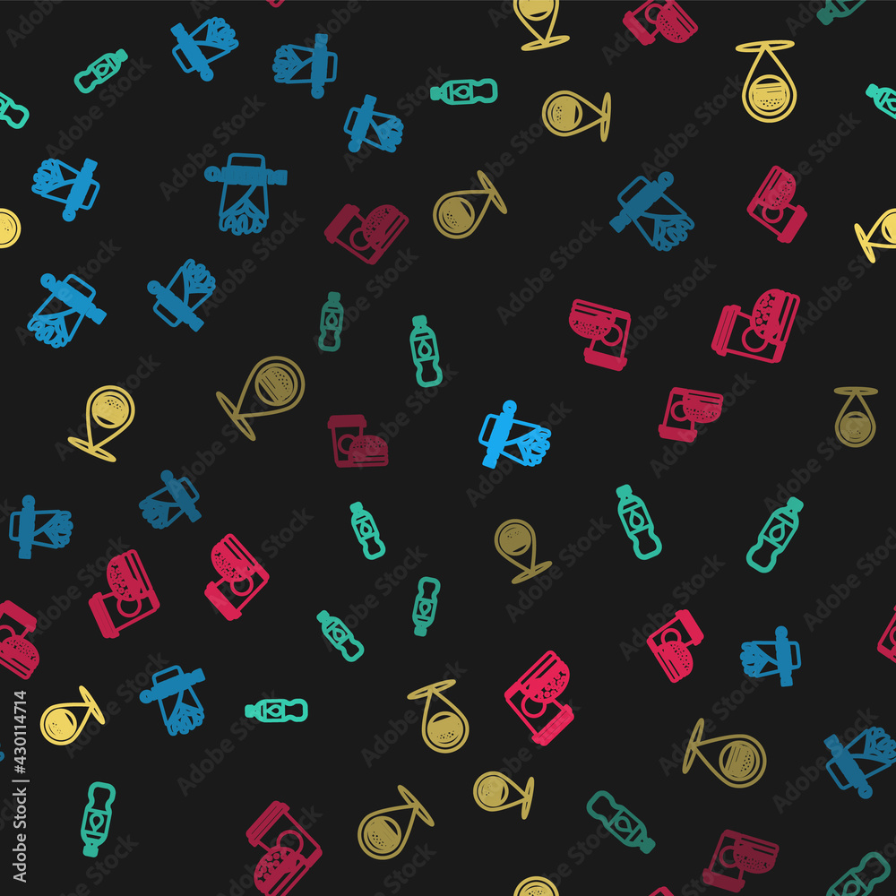 Set line Burrito, Bottle of water, Location with burger and Coffee and on seamless pattern. Vector Set line Burrito, Bottle of water, Location with burger and Coffee and on seamless pattern. Vector
