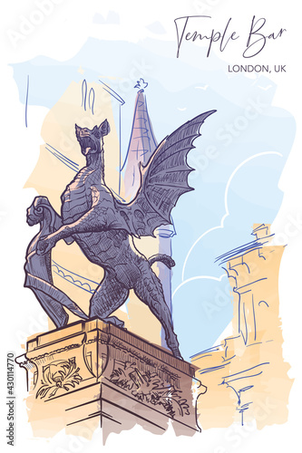 Temple Bar monument marking the entrance into the City of London. City sketch painted with watercolor. A4 vertical format. EPS10 vector illustration